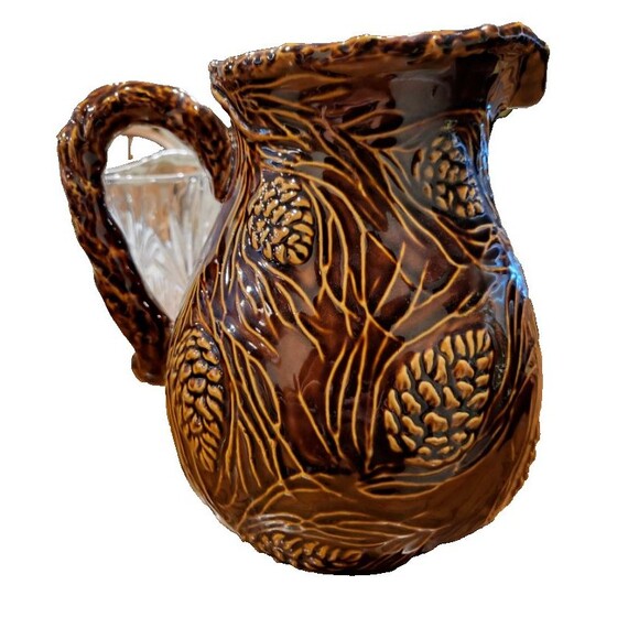 Celebrating Home Pitcher Stoneware 10'' Brown Golden Pinecone Pattern Autumn - Picture 2 of 5